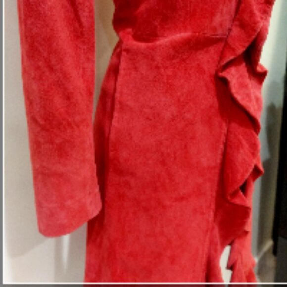 💋STUNNING BOHO CHIC💋Vintage Genuine Suede Ruffled Trench Coat in Rose Red - Picture 7 of 11